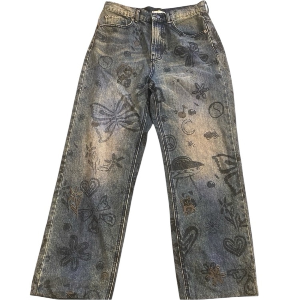 BDG Women’s Blue Doodle Butterfly Hearts Cowboy Denim Boho Hippie size 30x27